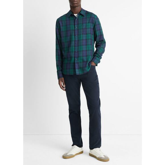 Vince Mens Castaic Plaid Button Up Shirt in Coastal Blue Dark Emerald Bay M